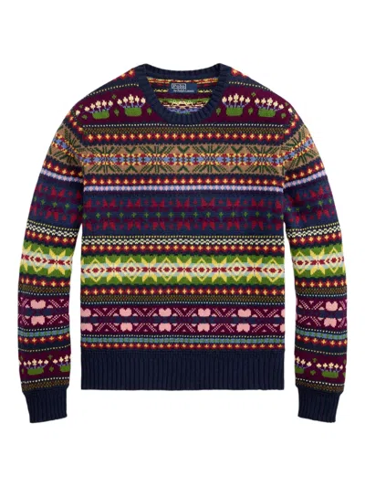 Polo Ralph Lauren Multicolored Crew Neck Sweater With Intarsia In Blue