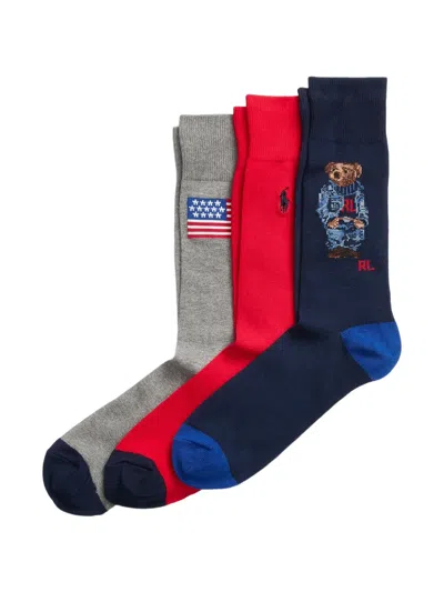 Polo Ralph Lauren Flag Bear Socks (set Of Three) In Multi