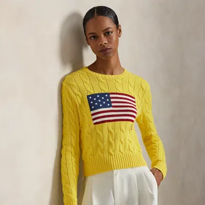 Polo Ralph Lauren Flag Cable-knit Cotton Cropped Sweater In Lemon Crush