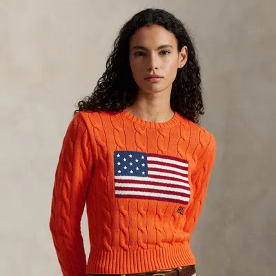 Polo Ralph Lauren Flag Cable-knit Cotton Cropped Sweater In Sailing Orange