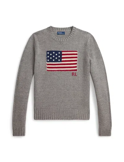 Polo Ralph Lauren Flag Cotton Crewneck Jumper In Grey