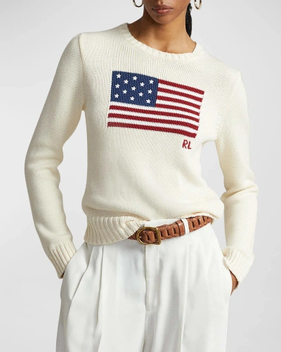 Polo Ralph Lauren Flag Cotton Crewneck Sweater In Cream