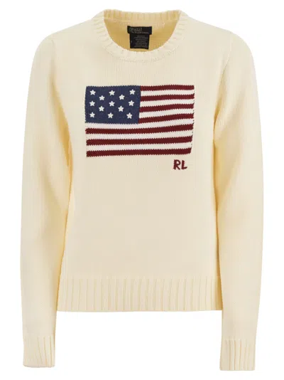 Polo Ralph Lauren Flag Embroidered Knit Sweatshirt In Cream
