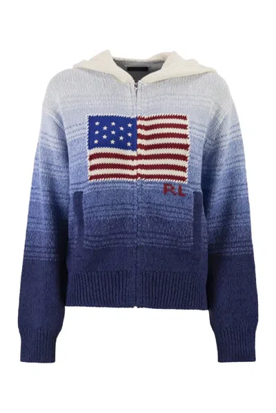 Polo Ralph Lauren "flag" Hooded Fullzip Cardigan Sweater In Blue