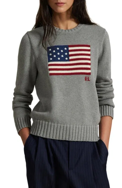 Polo Ralph Lauren Flag Intarsia Cotton Crewneck Sweater In Gray