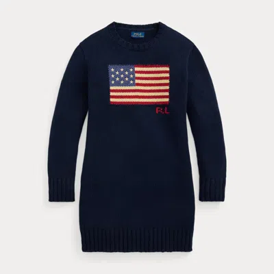 Polo Ralph Lauren Kids' Flag-intarsia Cotton Sweater Dress In Hunter Navy