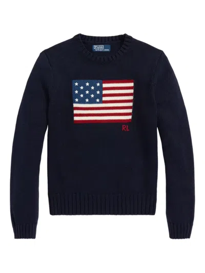 Polo Ralph Lauren American Flag Knit Sweater With Ribbed Details In Blue