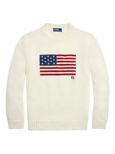 Polo Ralph Lauren Long Sleeve Roving Cotton Usa Flag Crewneck Sweater In White