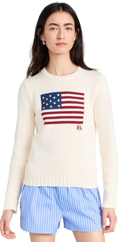 Polo Ralph Lauren Flag Cotton Crewneck Sweater In White Flag