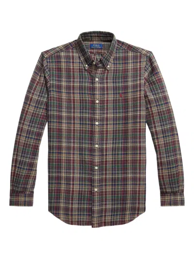 Polo Ralph Lauren Plaid Brushed Flannel Sport Shirt Wine Khaki Multi In Animal Print
