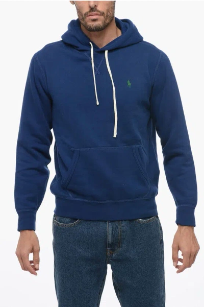 Polo Ralph Lauren Fleece Cotton Blend Hoodie With Patch Pocket In Blue