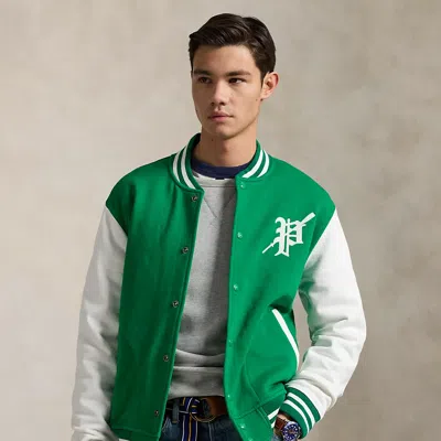 Polo Ralph Lauren Fleece Graphic Baseball Jacket In Cruise Green/nevis