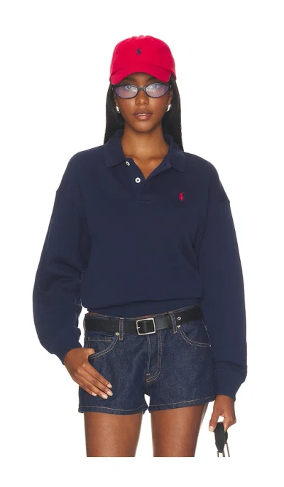 Polo Ralph Lauren Fleece Polo Long Sleeve Sweater In Cruise Navy