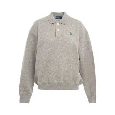 Pre-owned Polo Ralph Lauren Fleece Polo Long-sleeve Sweatshirt 'dark Vintage Heather' | Grey | Women's Size L In Gray