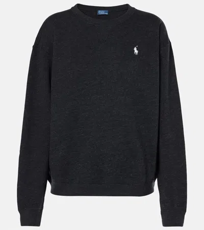 Polo Ralph Lauren Black Crew Neck Sweatshirt With Dropped Shoulders And Embroidered Pony On The Front In Cotton Blend 