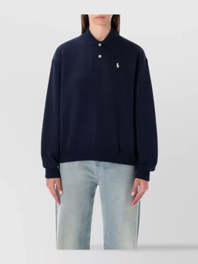 Polo Ralph Lauren Fleece Top With Polo Collar And Ribbed Cuffs In Blue