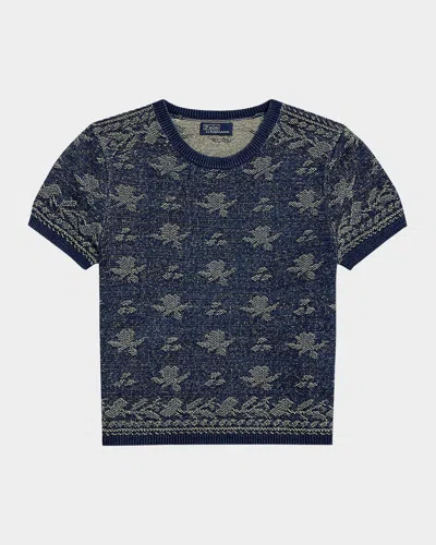 Polo Ralph Lauren Floral Cotton Short-sleeve Sweater In Dark Indigo