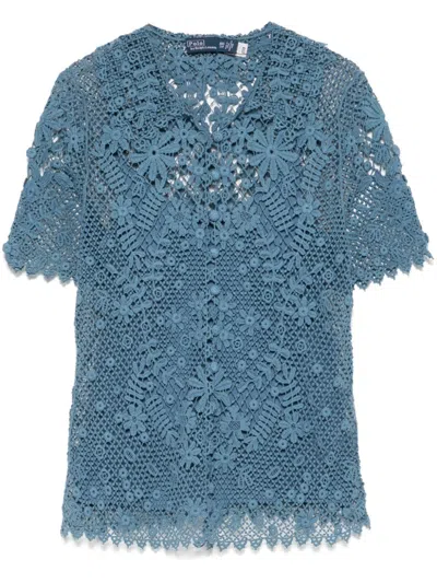 Polo Ralph Lauren Floral-lace Cotton Blouse In Blau