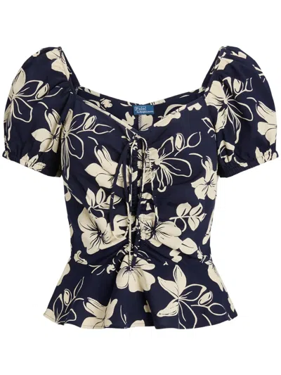 Polo Ralph Lauren Floral-print Ruched Blouse In Blue