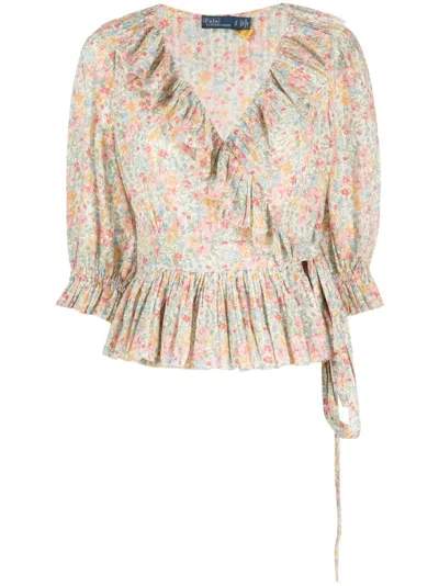 Polo Ralph Lauren Floral-print Ruffled Blouse In Neutrals