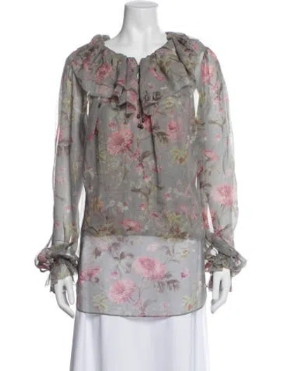 Pre-owned Polo Ralph Lauren Floral Print Tie Neck Blouse In White