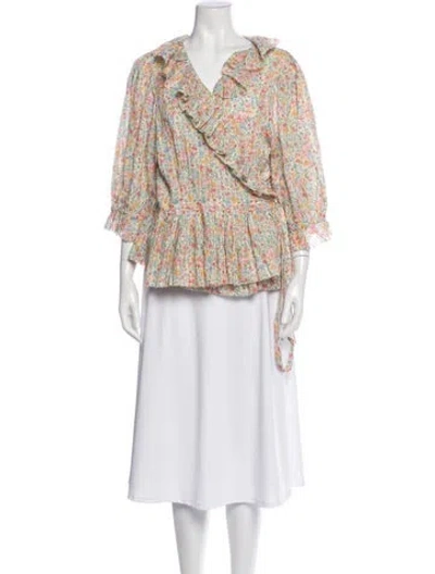 Pre-owned Polo Ralph Lauren Floral Print V-neck Blouse W/ Tags In Neutral