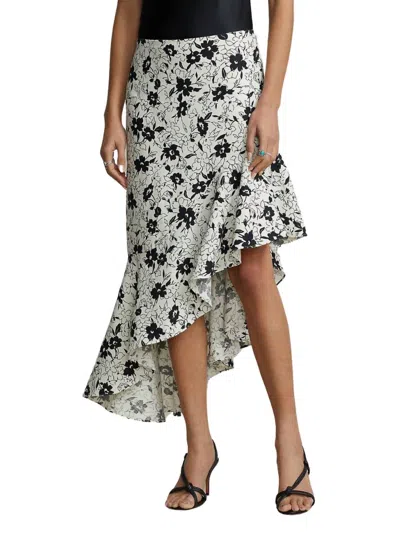 Polo Ralph Lauren Floral Ruffed Asymmetrical Linen Skirt In Black/white In Multi