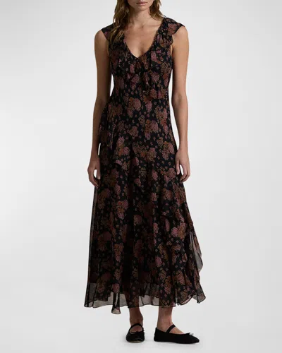 Polo Ralph Lauren Floral Ruffle-trim Georgette Maxi Dress In 1753 Sunset Bloom
