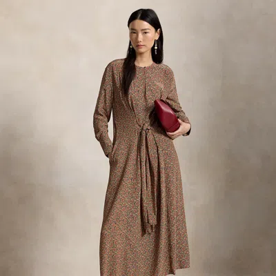 Polo Ralph Lauren Floral Tie-front Crepe Dress In Abs Daisy Brown Pink