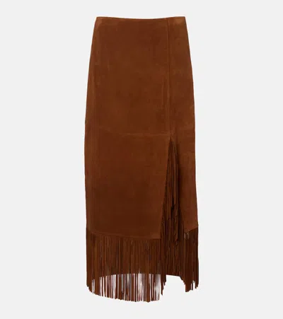 Polo Ralph Lauren Fringed Suede Midi Skirt In Brown