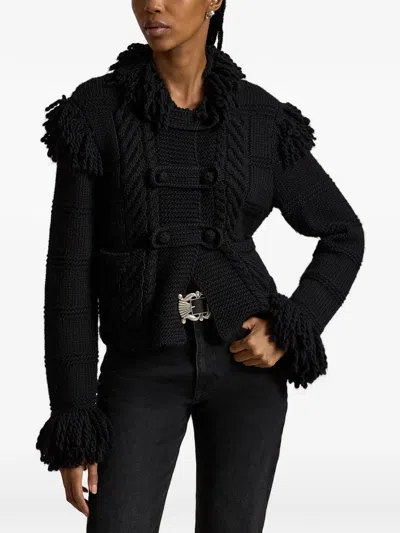 Polo Ralph Lauren Fringe-trimmed Cable-knit Cardigan In Black