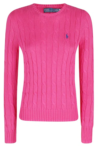 Polo Ralph Lauren Fuchsia Long Sleeve Ribbed Crewneck Cotton Sweater In Pink