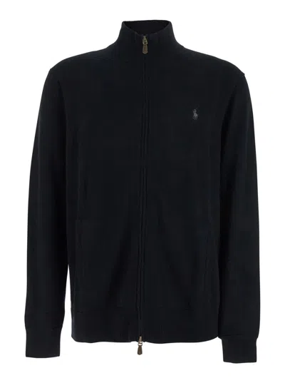 POLO RALPH LAUREN BLACK CARDIGAN WITH HIGH NECK AND PONY EMBROIDERY ON THE FRONT IN WOOL MAN