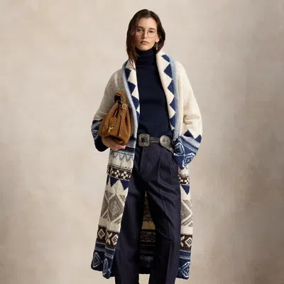 Polo Ralph Lauren Geo-motif Wool Cardigan Coat In Cream/blue Multi