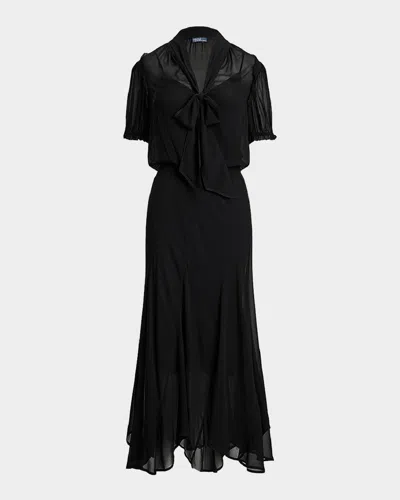 Polo Ralph Lauren Georgette Tie-neck Dress In Polo Black