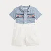 Polo Ralph Lauren Gingham Cotton Shirt & Linen Short Set In Blue/deckwash White
