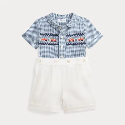 Polo Ralph Lauren Babies' Gingham Cotton Shirt & Linen Short Set In Blue/deckwash White