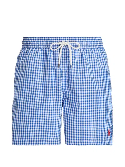 Polo Ralph Lauren Gingham Embroidered Swim Trunks In Blue