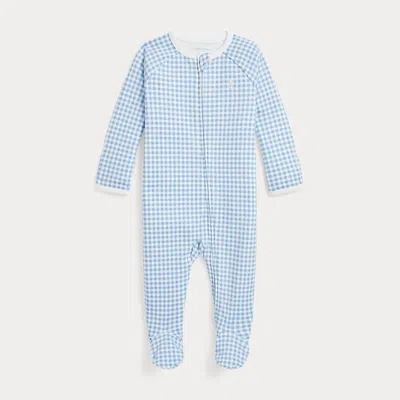 Polo Ralph Lauren Gingham-print Cotton Footed Coverall In Blue Baby Gingham Nevis