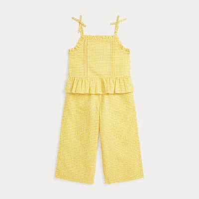 Polo Ralph Lauren Kids' Toddler And Little Girls 2-piece Gingham Seersucker Top And Pant Set In Yellow,white