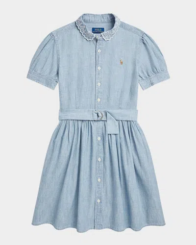 POLO RALPH LAUREN GIRL'S CHAMBRAY EYELET EMBROIDERED DRESS