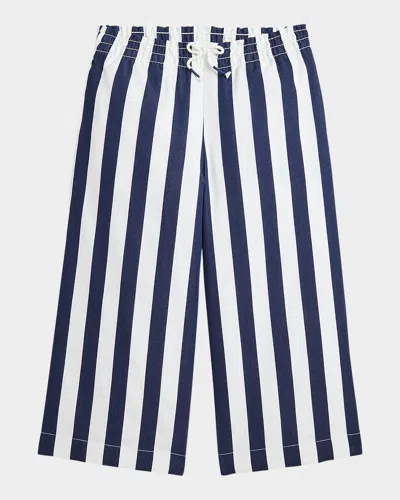 Polo Ralph Lauren Kids' Girl's Cotton Dobby Striped Wide-leg Pants In Refined Navy Deckwash White