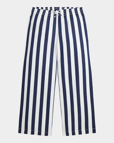 Polo Ralph Lauren Kids' Girl's Cotton Dobby Striped Wide-leg Pants In Refined Navy Deckwash White