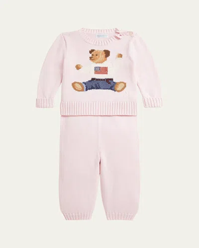 Polo Ralph Lauren Kids' Girl's Flag Bear Intarsia Knit Sweater And Pants Set In Morning Pink