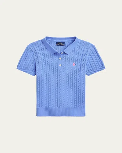 Polo Ralph Lauren Kids' Girl's Mini Cable Knit Polo Shirt In Harbor Island Blue Laguna Pink