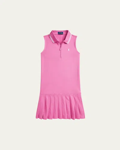 Polo Ralph Lauren Kids' Big Girls Pleated Stretch Mesh Polo Dress In Laguna Pink,white
