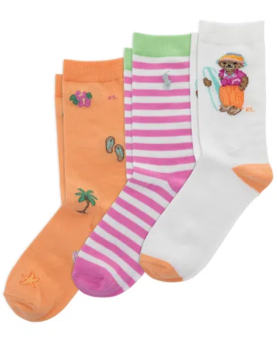 Polo Ralph Lauren Kids' Girls' 4-11 Surfer Bear Socks, 3-pack In White