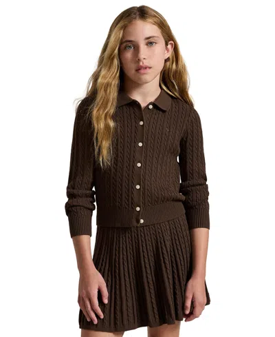 Polo Ralph Lauren Kids' Girls' 7-16 Cotton Polo Cardigan And Skirt, 2-piece Set In Brown