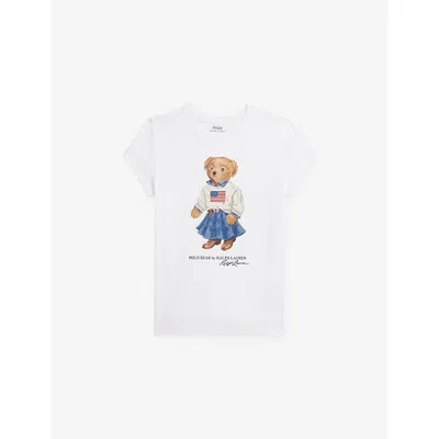 POLO RALPH LAUREN WHITE GIRLS' BEAR-PRINT COTTON T-SHIRT