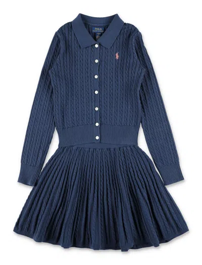 Polo Ralph Lauren Girls Cable-knit Long Sleeve Button-front Dress In Blue